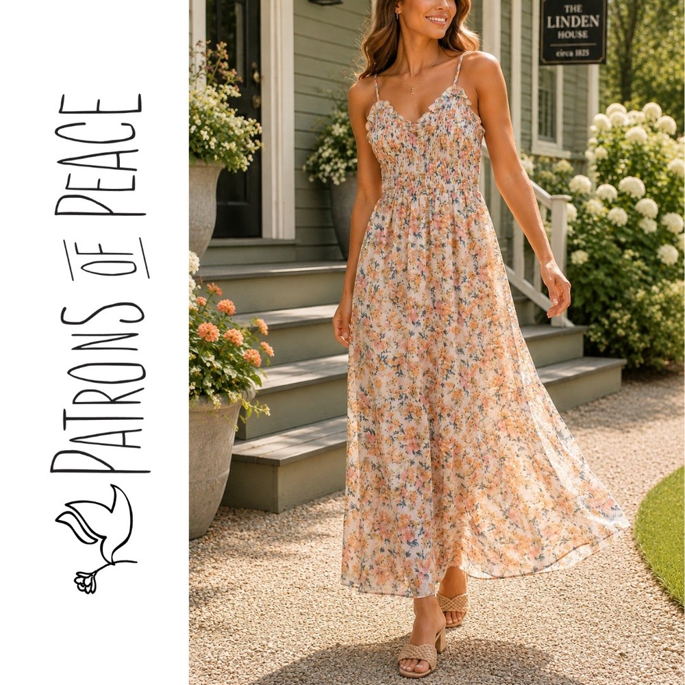 Patrons of Peace, Floral Smocked Maxi Dress Orange Pink Ruffle Sweetheart Small